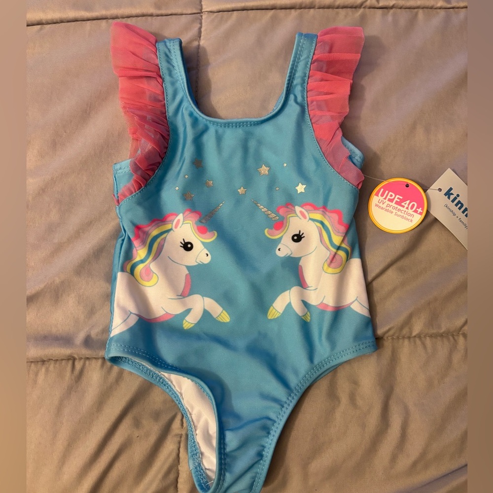 Kids Unicorn Blue One-Piece Swimsuit with Pink Ruffle Sleeves